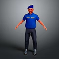 Man Wearing Blue Shirt And Cap With Black Pants Gray Shoes Against Gray Background