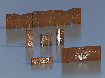 Rustic Brown Decorative Wall Panels With White Cut Out Botanical Patterns And Various Shapes 3d model