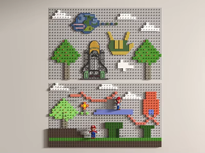 Game Themed Pixel Art Background Wall With Lego Style Mushroom Trees And Character 3d model