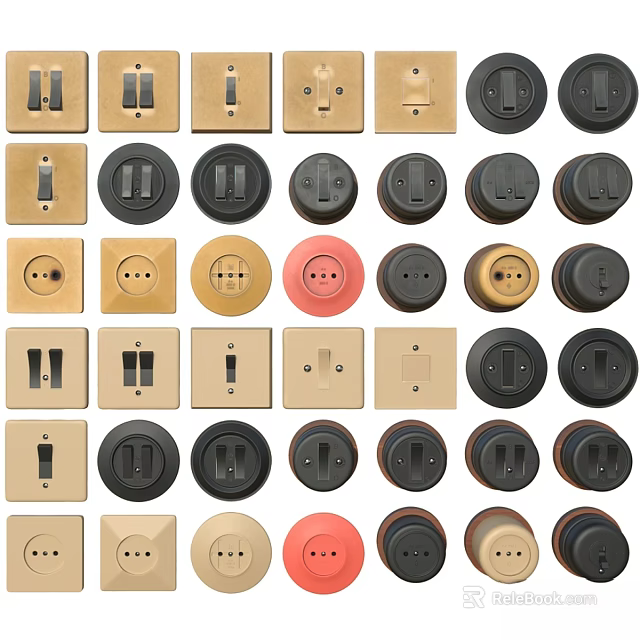 Variety of Electrical Switches and Power Outlets in Different Colors for Home Use 3d model 