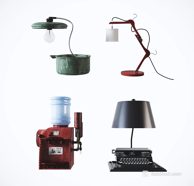 Green Red Black Table Lamps With Adjustable Arm Classic And Vintage Typewriter Bases 3d model 