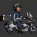 Police Officer In Blue Uniform Standing Next To Patrol Motorcycle With Storage Box