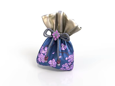 Dark Blue Japanese Drawstring Pouch With Pink Cherry Blossom Pattern Silver Top And Flower Knot 3d model