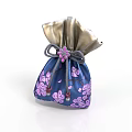 Dark Blue Japanese Drawstring Pouch With Pink Cherry Blossom Pattern Silver Top And Flower Knot