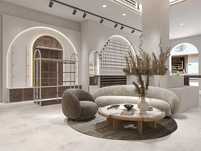 Elegant Modern Boutique Store Interior With Curved Sofa Round Coffee Table And Decorative Plants 3d model