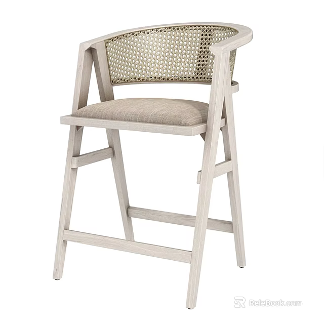 Light Colored Minimalist Wooden Bar Stool With Woven Backrest And Upholstered Seat 3d model 
