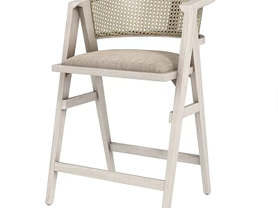 Light Colored Minimalist Wooden Bar Stool With Woven Backrest And Upholstered Seat 3d model