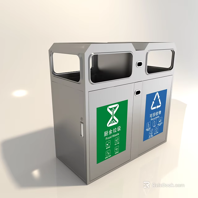 Public Facility Waste Separation Trash Can With Dual Compartments Green And Blue Labels 3d model 