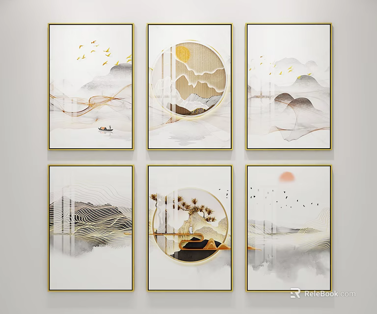 Six Chinese Ink Landscape Decorative Paintings With Birds Circular Frames And Golden Borders 3d model 
