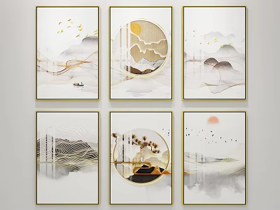 Six Chinese Ink Landscape Decorative Paintings With Birds Circular Frames And Golden Borders 3d model