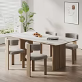 Wooden Dining Table With Light Gray Chairs Fruits And Book In Bright Room With Plant Window Blinds