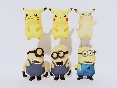 Adorable Collectible Pikachu and Minions Dolls with Various Poses and Expressions 3d model
