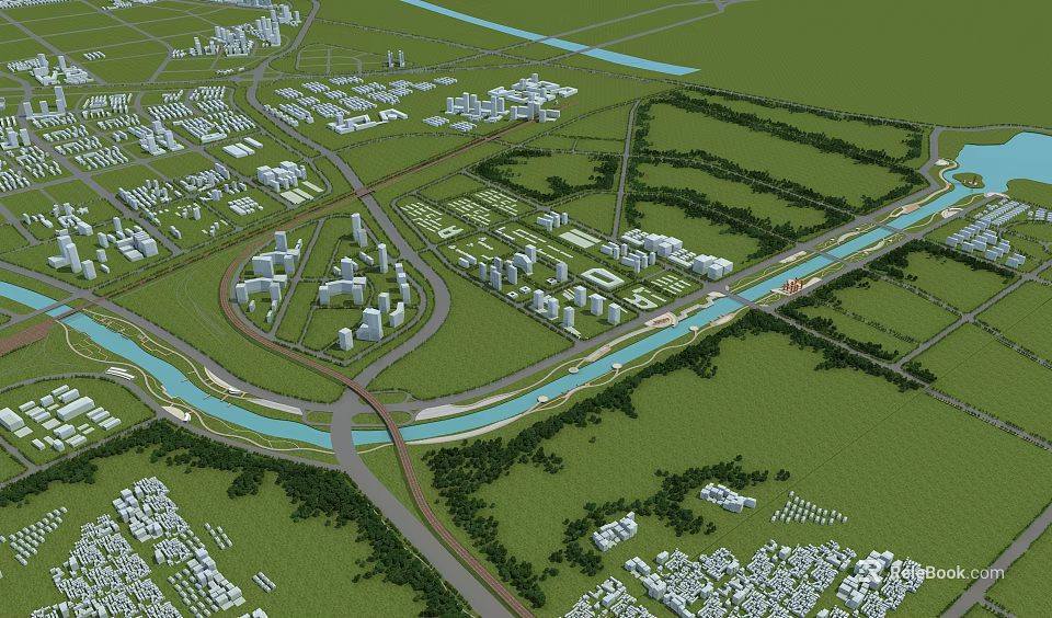 Aerial View Urban Planning With Road Network River Green Spaces And Buildings 3d model 