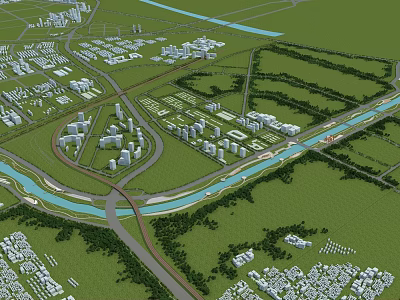 Aerial View Urban Planning With Road Network River Green Spaces And Buildings 3d model