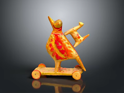 Yellow Bird Shaped Decorative Sculpture With Red Floral Patterns And Wheel Base 3d model