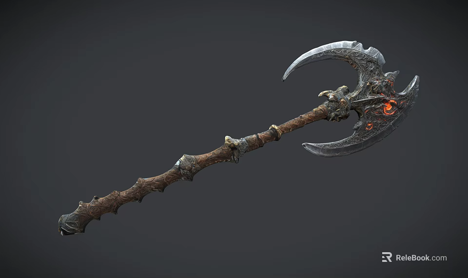 Fantasy Weapon With Curved Blade Axe And Scythe Combination Decorative Handle Glowing Red Elements 3d model 