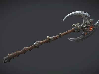 Fantasy Weapon With Curved Blade Axe And Scythe Combination Decorative Handle Glowing Red Elements 3d model