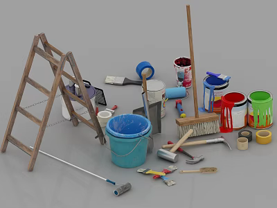 Industrial Equipment Collection With Ladder Paint Buckets Brushes Rollers Hammers And Tape Measures 3d model