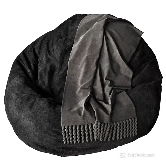 Black Velvet Bean Bag Chair With Gray Scarf And Fringe Details 3d model 