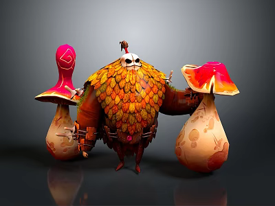 Cartoon Character With Orange Yellow Feathered Body Holding Two Red Cap Mushrooms With White Spots 3d model