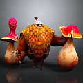 Cartoon Character With Orange Yellow Feathered Body Holding Two Red Cap Mushrooms With White Spots