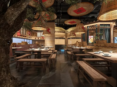 Traditional Restaurant Interior Design With Large Tree Red Patterned Bamboo Lanterns And Wooden Tables 3d model