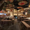 Traditional Restaurant Interior Design With Large Tree Red Patterned Bamboo Lanterns And Wooden Tables