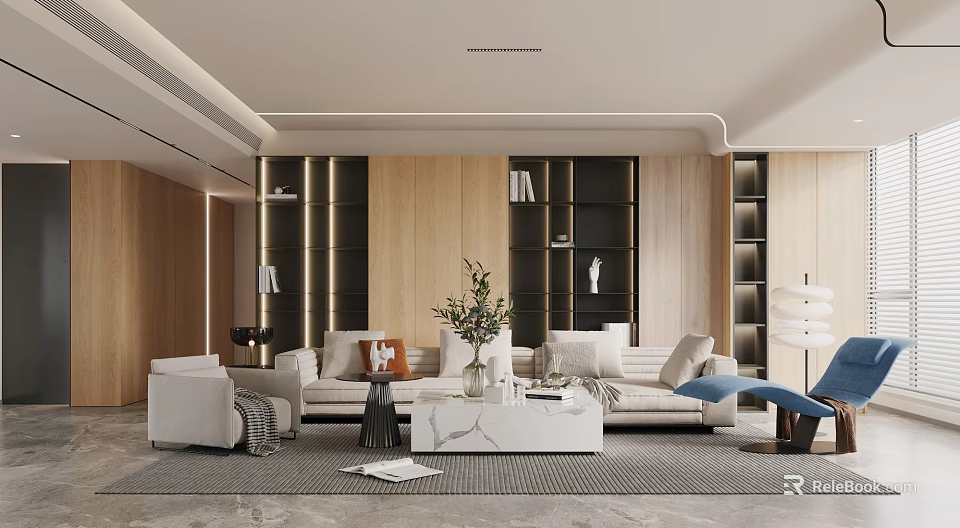 Modern Living Room Interior With Wooden Bookshelves Sofa Marble Coffee Table And Potted Plant 3d model 