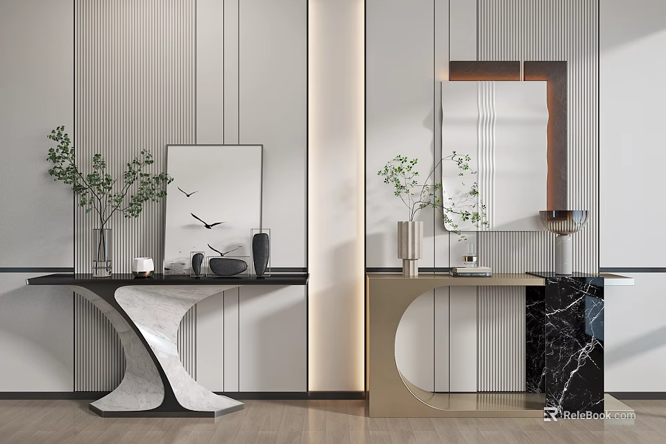 Modern Elegant Console Table With Mirror Vase Plant Marble Countertop And Metal Frame 3d model 