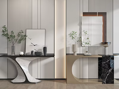 Modern Elegant Console Table With Mirror Vase Plant Marble Countertop And Metal Frame 3d model