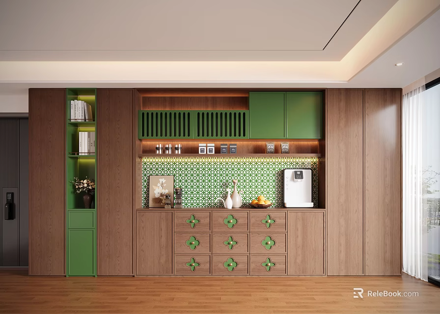 Green And Wooden Sideboard With Tile Backsplash Decorative Items Coffee Machine And Fruits 3d model 