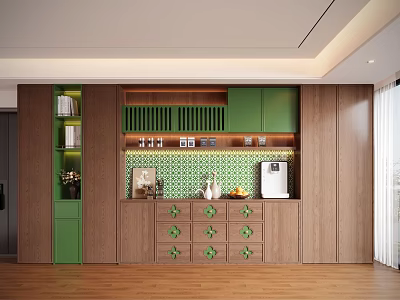 Green And Wooden Sideboard With Tile Backsplash Decorative Items Coffee Machine And Fruits 3d model