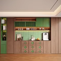 Green And Wooden Sideboard With Tile Backsplash Decorative Items Coffee Machine And Fruits