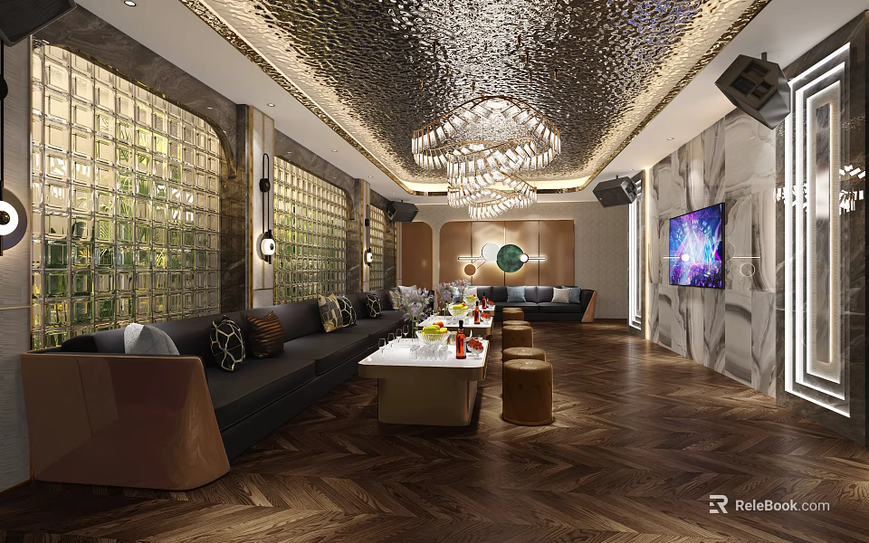 Elegant KTV Interior Design With Comfortable Sofa Large Screen Sound System And Decorative Lights 3d model