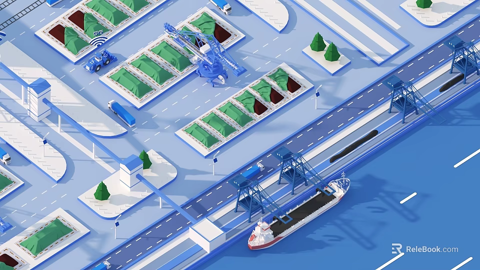 Modern Logistics Industrial Factory Area With Cranes Containers Transport Vehicles And Green Trees 3d model 