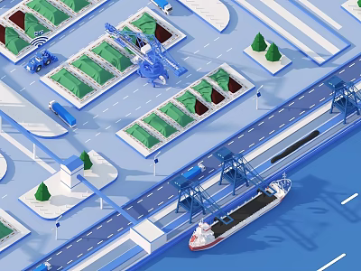Modern Logistics Industrial Factory Area With Cranes Containers Transport Vehicles And Green Trees 3d model