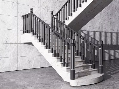 Modern Staircase With Marble Steps Black Metal Railings Grey Floor And Marble Wall 3d model