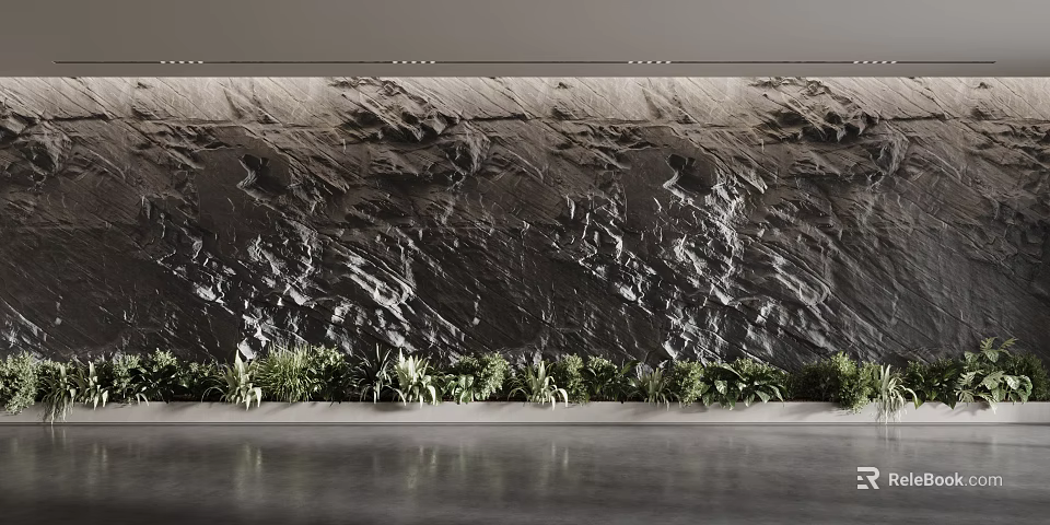 Textured Rock Background Wall in Modern Interior with Green Plants at Base 3d model 