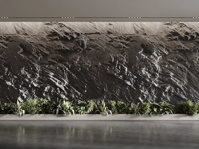 Textured Rock Background Wall in Modern Interior with Green Plants at Base 3d model