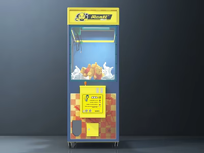 Interactive Claw Crane Amusement Machine With Stuffed Toys And Yellow Blue Design 3d model