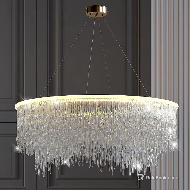 Elegant Circular Crystal Chandelier With Hanging Crystal Pendants Illuminated On Dark Wall Background 3d model 