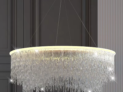Elegant Circular Crystal Chandelier With Hanging Crystal Pendants Illuminated On Dark Wall Background 3d model