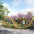 Scenic Urban Park Landscape With Cherry Trees Green Lawns Curved Paths And White Buildings