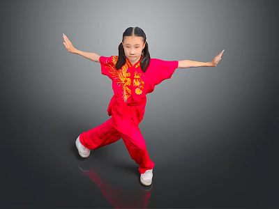 Young Woman Practicing Martial Arts In Red Uniform With Yellow Patterns 3d model