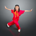 Young Woman Practicing Martial Arts In Red Uniform With Yellow Patterns