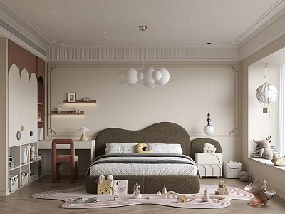 Cozy Kids Room With Starry Ceiling White Chandelier Green Headboard Bed Desk And Stuffed Toys 3d model