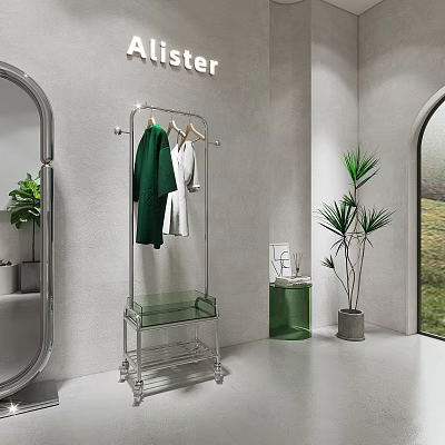 Modern Clothing Display Rack With Glass Shelf Metal Frame Green Coat White Dress And Plant 3d model