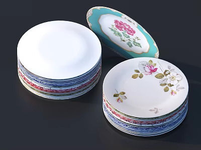 Stacked Porcelain Dinnerware Set With Floral Patterns And Colorful Accents For Dining Table 3d model
