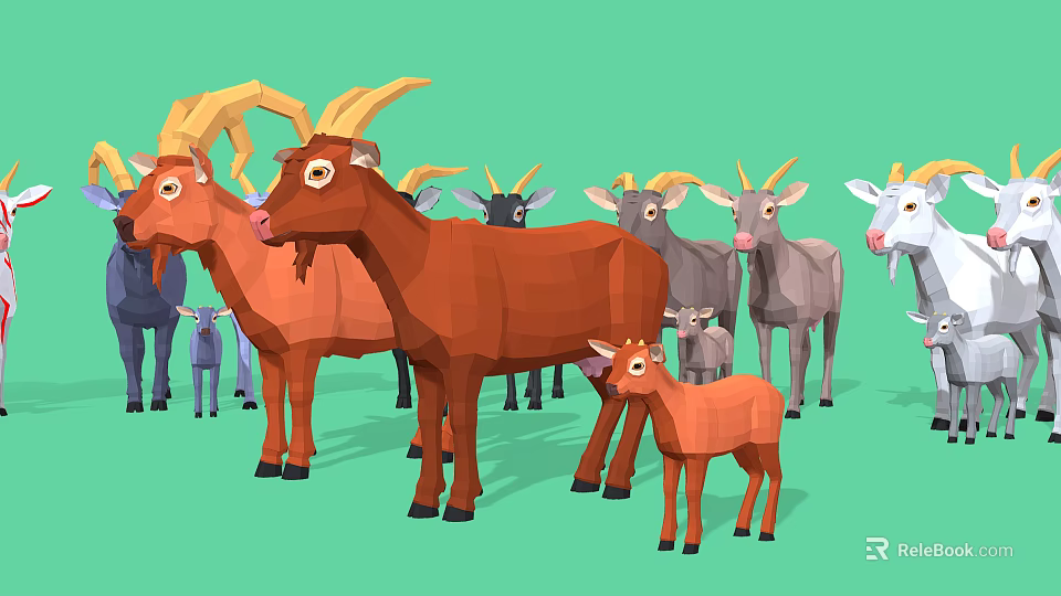 Group of Colorful Goats with Various Sizes and Brown Gray White Fur on Green Background 3d model 