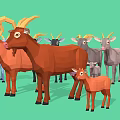Group of Colorful Goats with Various Sizes and Brown Gray White Fur on Green Background